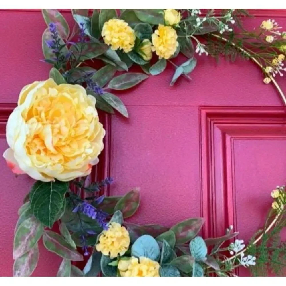 Floral Hoop Wreath: Yellow Farmhouse Decor, Gold Metal Wire
